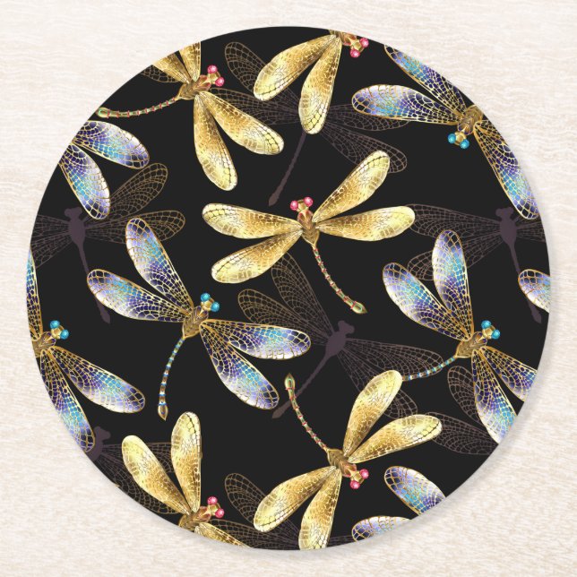 Seamless Pattern with Golden Dragonflies Round Paper Coaster (Front)
