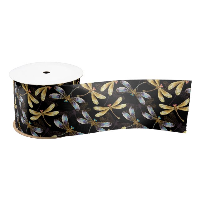 Seamless Pattern with Golden Dragonflies Satin Ribbon (Spool)