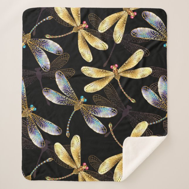Seamless Pattern with Golden Dragonflies Sherpa Blanket (Front)