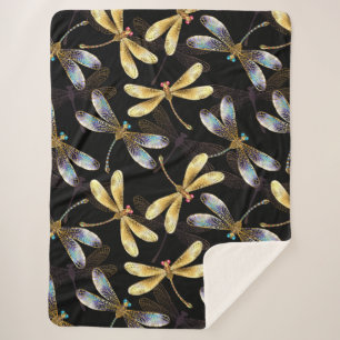 Seamless Pattern with Golden Dragonflies Sherpa Blanket