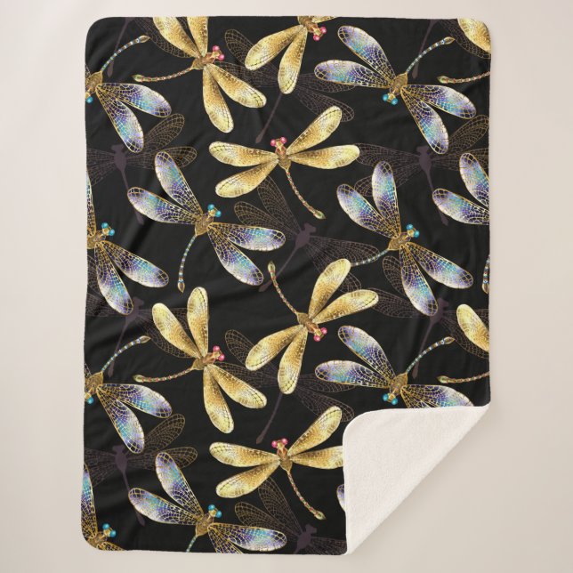 Seamless Pattern with Golden Dragonflies Sherpa Blanket (Front)