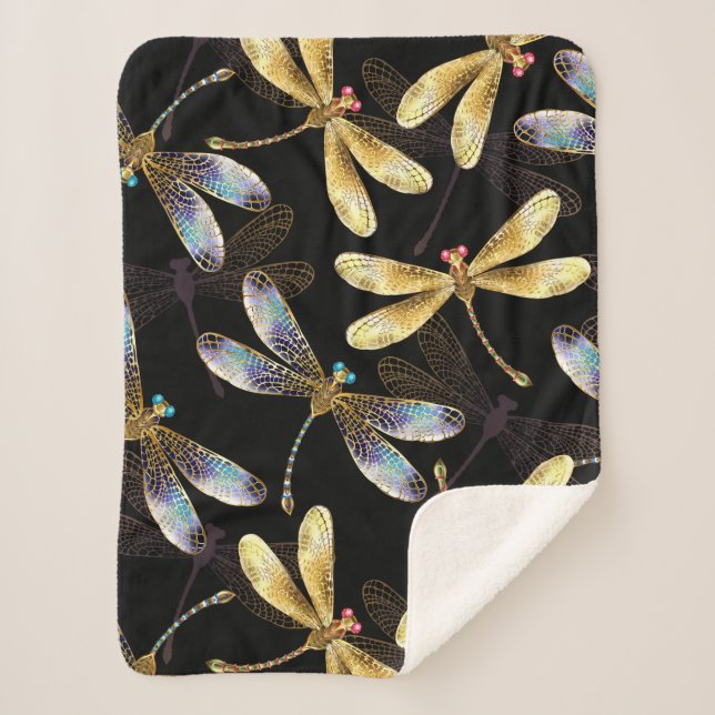 Seamless Pattern with Golden Dragonflies Sherpa Blanket (Front)