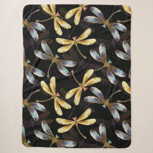 Seamless Pattern with Golden Dragonflies Sherpa Blanket