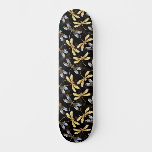 Seamless Pattern with Golden Dragonflies Skateboard (Front)
