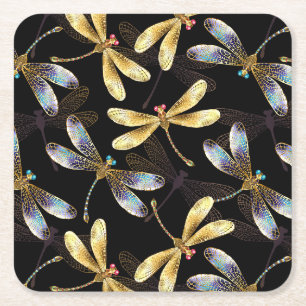 Seamless Pattern with Golden Dragonflies Square Paper Coaster