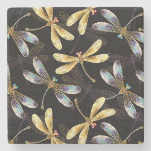 Seamless Pattern with Golden Dragonflies Stone Coaster