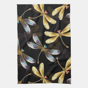 Seamless Pattern with Golden Dragonflies Tea Towel