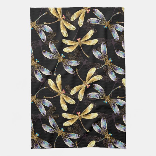 Seamless Pattern with Golden Dragonflies Tea Towel (Vertical)