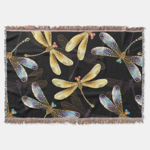 Seamless Pattern with Golden Dragonflies Throw Blanket