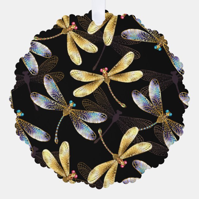 Seamless Pattern with Golden Dragonflies Tree Decoration Card (Front)