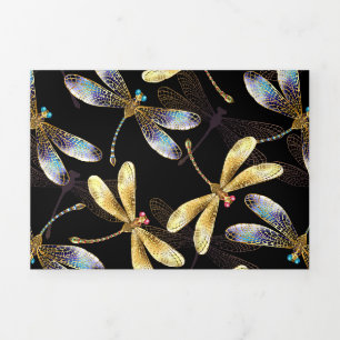 Seamless Pattern with Golden Dragonflies Tri-Fold Announcement