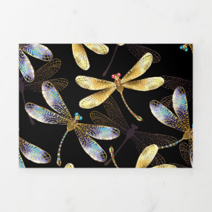 Seamless Pattern with Golden Dragonflies Tri-Fold Invitation