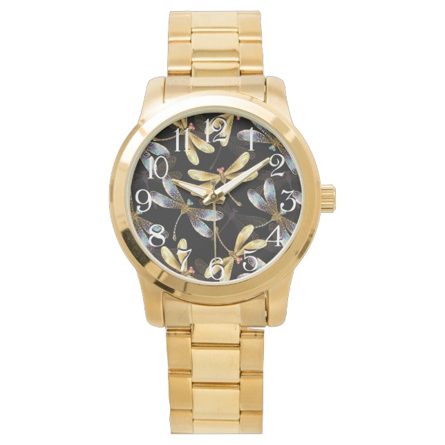 Seamless Pattern with Golden Dragonflies Watch (Front)