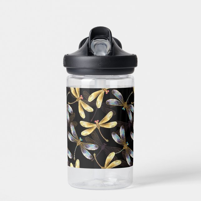 Seamless Pattern with Golden Dragonflies Water Bottle (Front)