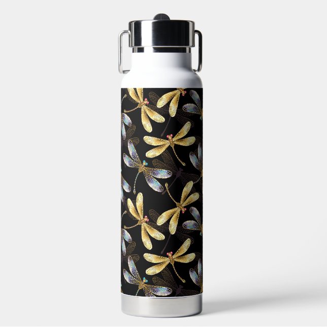 Seamless Pattern with Golden Dragonflies Water Bottle (Front)