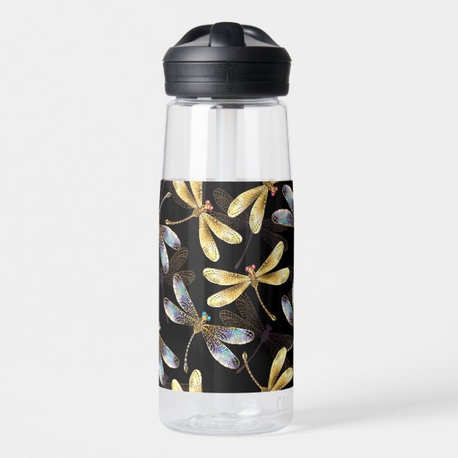 Seamless Pattern with Golden Dragonflies Water Bottle (Front)