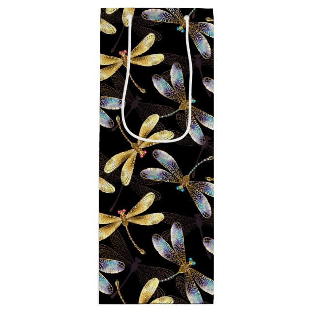 Seamless Pattern with Golden Dragonflies Wine Gift Bag (Front)
