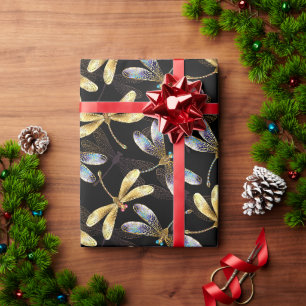 Seamless Pattern with Golden Dragonflies Wrapping Paper