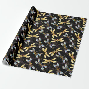 Seamless Pattern with Golden Dragonflies Wrapping Paper