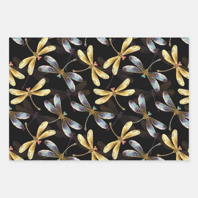 Seamless Pattern with Golden Dragonflies Wrapping Paper Sheet (Front)