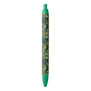 Seamless pattern with golden ferns black ink pen