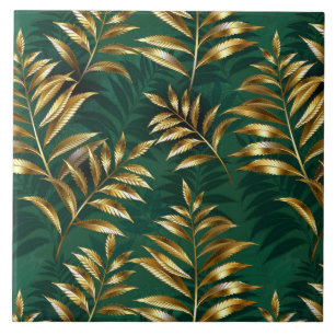Seamless pattern with golden ferns ceramic tile
