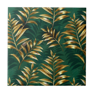 Seamless pattern with golden ferns ceramic tile