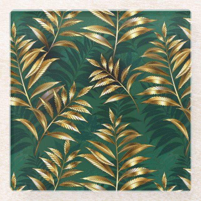 Seamless pattern with golden ferns glass coaster (Front)