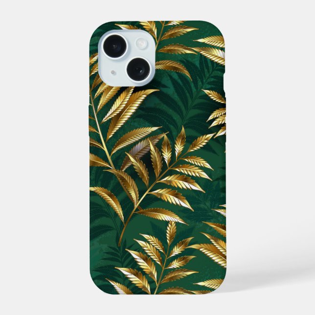 Seamless pattern with golden ferns iPhone 15 case (Back)