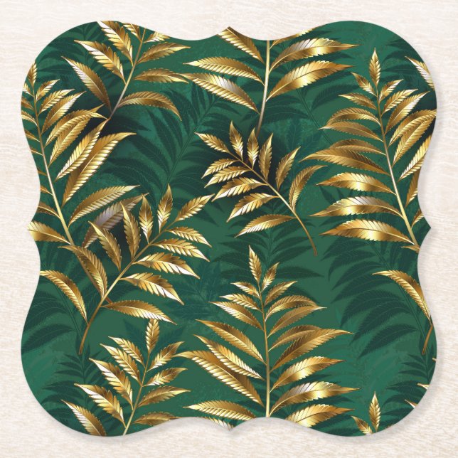 Seamless pattern with golden ferns paper coaster (Front)
