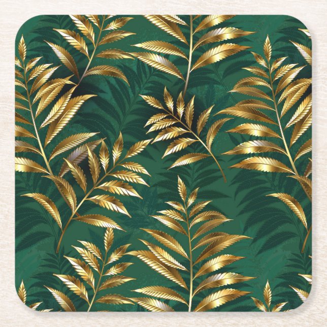 Seamless pattern with golden ferns square paper coaster (Front)