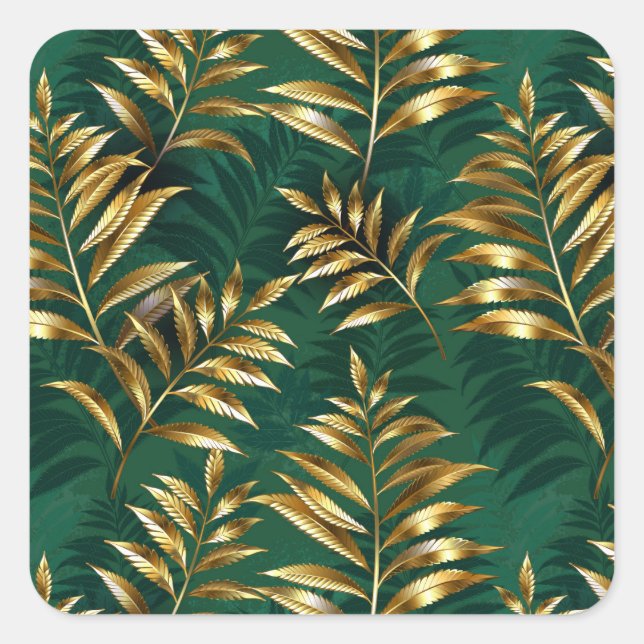 Seamless pattern with golden ferns square sticker (Front)