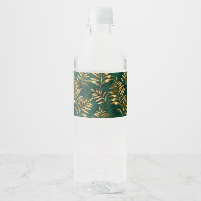 Seamless pattern with golden ferns water bottle label (Front)