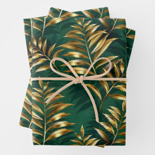 Seamless pattern with golden ferns wrapping paper sheet