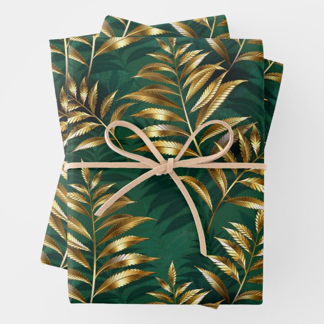 Seamless pattern with golden ferns wrapping paper sheet (In situ)