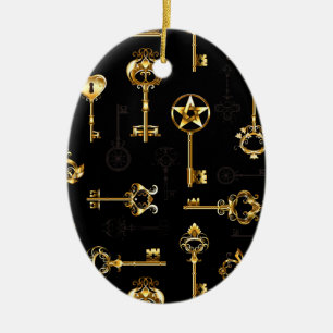 Seamless Pattern with Golden Keys Ceramic Ornament