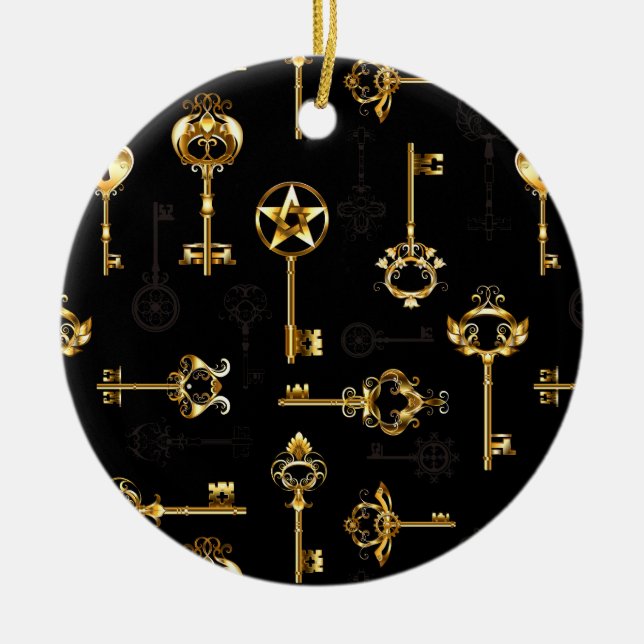 Seamless Pattern with Golden Keys Ceramic Ornament (Front)