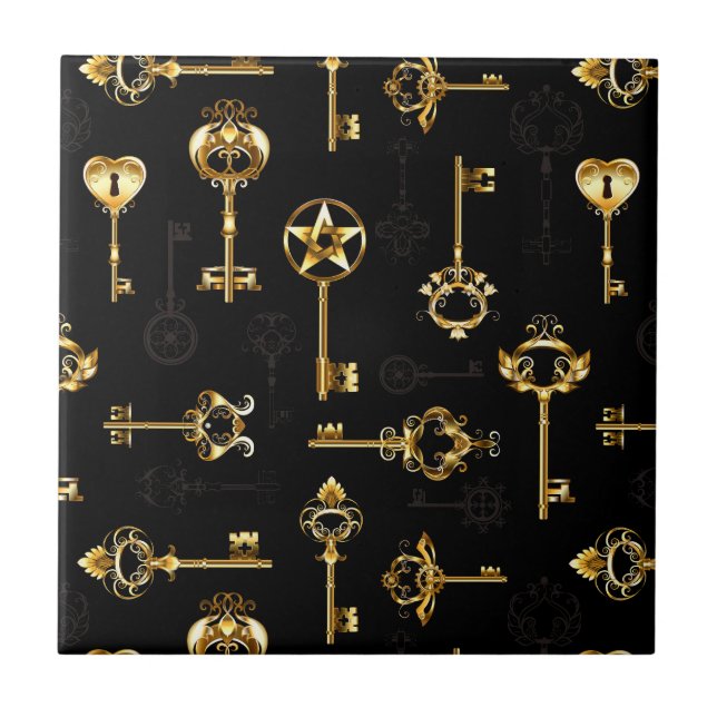 Seamless Pattern with Golden Keys Ceramic Tile (Front)