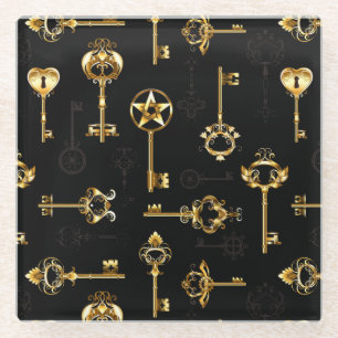 Seamless Pattern with Golden Keys Glass Coaster