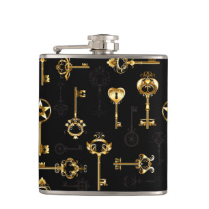 Seamless Pattern with Golden Keys Hip Flask