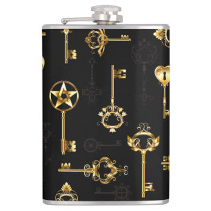 Seamless Pattern with Golden Keys Hip Flask
