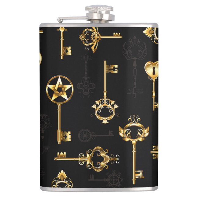 Seamless Pattern with Golden Keys Hip Flask (Front)