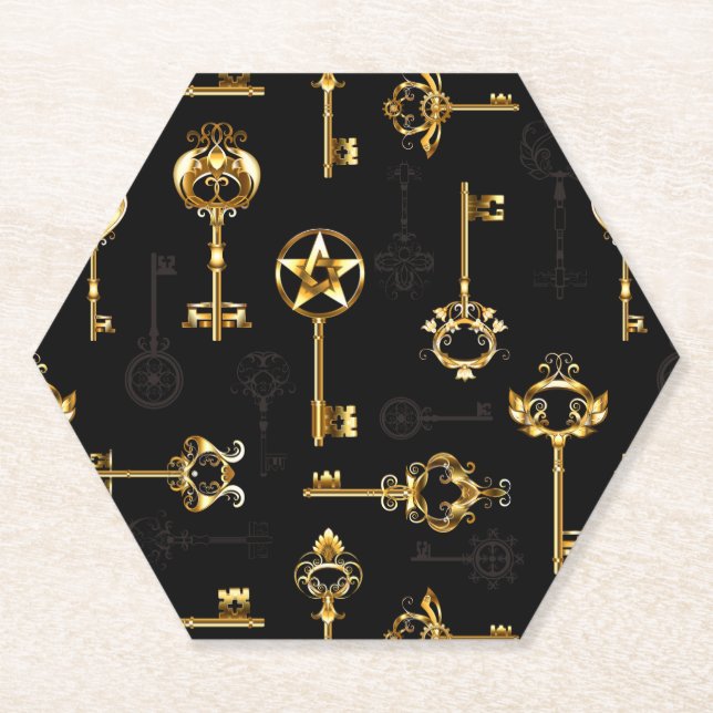 Seamless Pattern with Golden Keys Paper Coaster (Front)