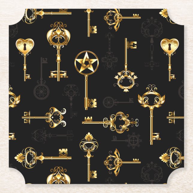 Seamless Pattern with Golden Keys Paper Coaster (Front)