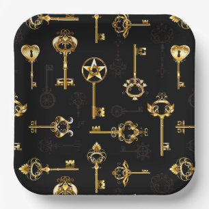 Seamless Pattern with Golden Keys Paper Plate