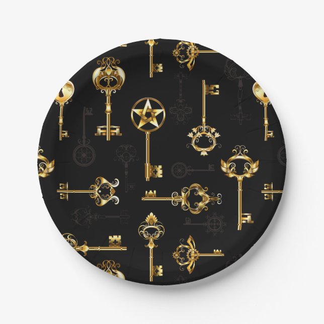 Seamless Pattern with Golden Keys Paper Plate (Front)