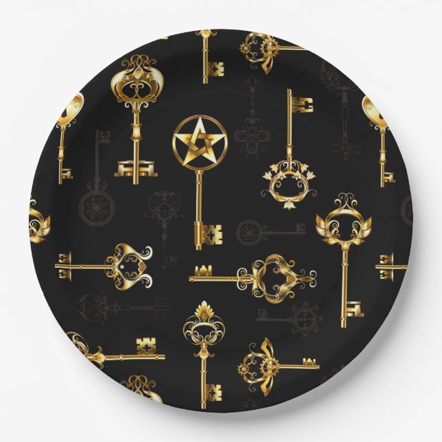 Seamless Pattern with Golden Keys Paper Plate (Front)