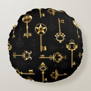 Seamless Pattern with Golden Keys Round Cushion