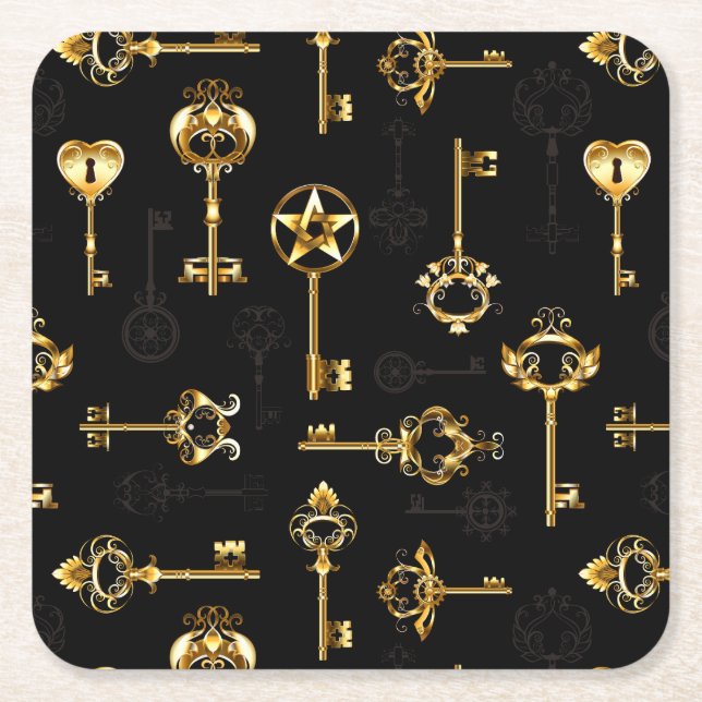 Seamless Pattern with Golden Keys Square Paper Coaster (Front)
