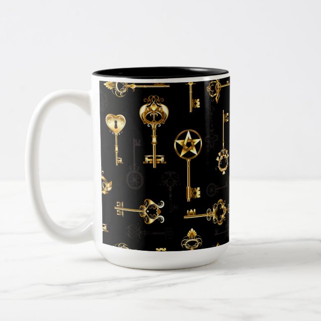 Seamless Pattern with Golden Keys Two-Tone Coffee Mug (Left)